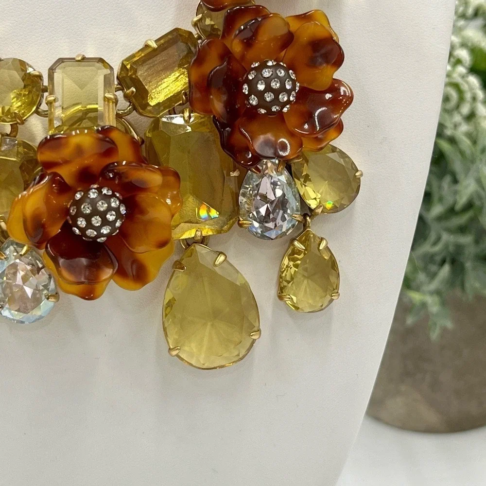 J. Crew Tortoise Shell Flower Asymmetrical Pave Yellow‎ Rhinestone Bib Necklace